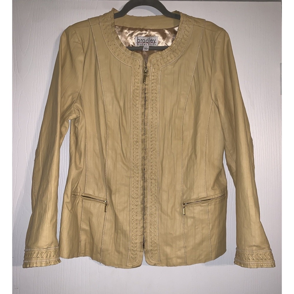Bradley Bayou Leather Jacket Womens Sz L Gold Braided Trim Boho Southwestern Zip